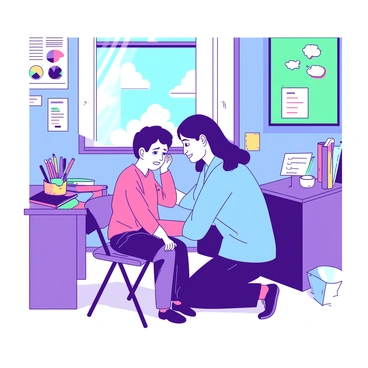 A teacher is kneeling beside a student who is visibly upset in a classroom. The teacher is wearing a blue shirt and has a warm expression on their face while gently placing a hand on the student's back. The student is sitting on a chair, visibly teary-eyed, with their hands covering their face. Surrounding them are colorful educational posters on the walls, and a wooden desk filled with school supplies is nearby. Sunlight streams through a window, illuminating the scene and creating a calm atmosphere.