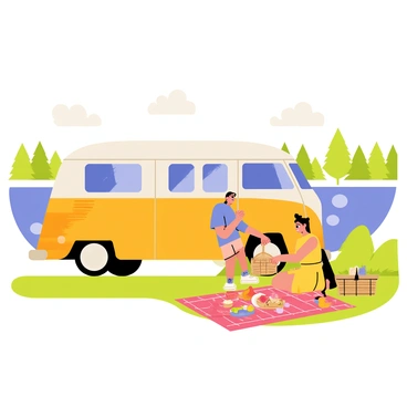 A retro camper van in bright orange and white is parked beside a clear blue lake. The camper van features a distinctive rounded shape and large windows. A couple is setting up a picnic on a red and white checkered blanket laid out on the grass nearby. The couple consists of a man wearing a blue t-shirt and shorts, and a woman in a yellow dress. They are unpacking a wicker basket filled with food items, including sandwiches and fruits. In the background, there are lush green trees lining the shore of the lake, and the sky is clear with a few fluffy white clouds.