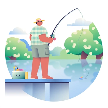 A fisherman with tanned skin and a sun hat is standing on a wooden dock, casting his fishing line into a serene lake. He is wearing a short-sleeve, plaid shirt and cargo shorts. The dock is surrounded by lush green trees with fresh spring leaves. In the background, the calm water reflects the clear blue sky and a few fluffy white clouds. Next to the fisherman, there is a tackle box filled with various fishing supplies and a cooler. A small, colorful fishing bobber is visible on the water's surface near the line.
