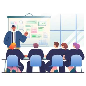 An agent with short, dark hair is standing at the front of a brightly lit training room, gesturing towards a large whiteboard filled with diagrams and bullet points. The agent is wearing a dark blue jacket over a white shirt and has a serious expression. In front of the agent, a diverse group of recruits is seated at a long table, attentively listening. The recruits are dressed in black training uniforms, and their notebooks are open, ready to take notes. Some recruits are leaning forward, while others are sitting up straight, showing engagement in the session. The room is equipped with large windows allowing natural light to fill the space.