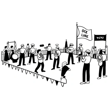 A military band performing in a parade, with musicians playing various instruments, such as trumpets, drums, and tubas. Soldiers in uniform stand in precise formation, creating a sense of order and discipline. The band is positioned centrally, while flags are displayed prominently on either side. Spectators are gathered along the sides, watching the performance attentively. The ground is lined with banners and decorations celebrating the occasion.