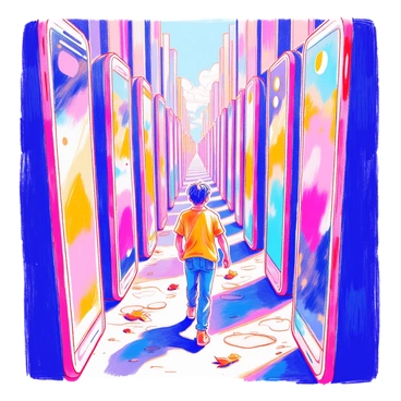 A person is walking through a maze constructed from towering smartphones. The smartphones are arranged in an intricate pattern, with their screens facing outward, displaying colorful app icons. The person, dressed in a casual outfit of a t-shirt and jeans, is looking up at the tall structures, with a focused expression. Sunlight casts shadows between the smartphones, creating a dynamic interplay of light and shade. The ground is paved with smooth stones, and a few scattered leaves add a touch of nature to the scene.