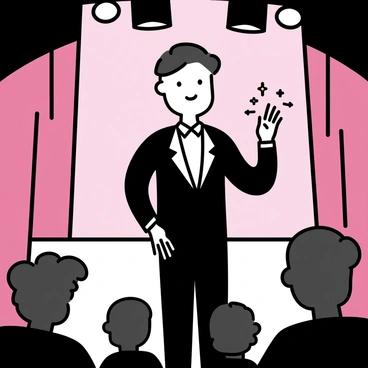 A performer character in a fitted black suit, with slicked-back hair, is taking a bow at the center of a theater stage. The stage is illuminated with bright, shining lights that create a dramatic atmosphere. The background features a red velvet curtain partially drawn back. The audience is hinted at in the shadows, showcasing a sense of appreciation as the performer gestures with one hand to the crowd.