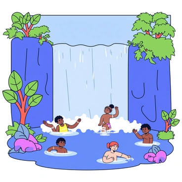 Indigenous people joyfully bathing and swimming at the base of a large waterfall. The waterfall cascades down rocky cliffs, creating a mist that glimmers in the sunlight. Lush greenery surrounds the area, with vibrant tropical plants and trees framing the scene. A few individuals are splashing water playfully, while others are seated on the rocks, enjoying the refreshing atmosphere. The water below is clear and inviting, reflecting the blue sky overhead.