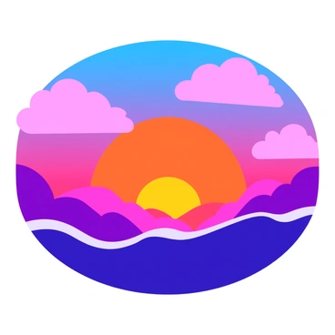 A colorful sunset sky filled with fluffy, cartoon-style clouds. The clouds are illuminated in bright neon hues of pink, blue, and purple. The background features gradient colors blending smoothly into one another, creating a lively atmosphere. The scene is infused with geometric shapes and abstract patterns that enhance the vibrant visual experience.