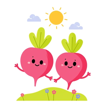 Two cheerful cartoon beets with bright red skin, each featuring wide, smiling faces and small arms. The beets are standing side by side, with their leafy green tops swaying slightly. The sun is shining brightly above them, casting soft shadows on the ground. A few fluffy white clouds float in the blue sky, adding a whimsical touch to the scene. The beets are surrounded by a patch of vibrant green grass dotted with colorful flowers, enhancing the joyful atmosphere of the sunny day.