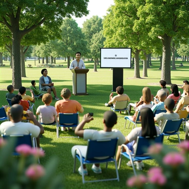 A community gathering taking place in a sunny park filled with green grass and blooming flowers. In the center, a speaker stands next to a podium equipped with text-to-speech technology, which displays a screen with bold letters. The speaker, a middle-aged person with short black hair, is smiling as they engage the audience. The audience consists of diverse individuals of various ages, sitting on picnic blankets and folding chairs, showing expressions of interest and curiosity. Some are taking notes, while others are capturing the moment with their smartphones. Tall trees provide shade in the background, creating a welcoming atmosphere for the gathering.
