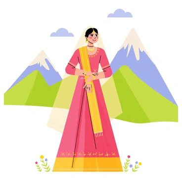 An Indian bride wearing a vibrant red and gold lehenga stands elegantly, adorned with intricate jewelry and a delicate veil. She is posing confidently, with one hand placed on her hip and the other gently holding her veil. The backdrop features majestic mountains with lush green slopes and a clear blue sky. Soft clouds float above the peaks, adding depth to the scene. Small wildflowers dot the foreground, contrasting beautifully with the bridal attire.