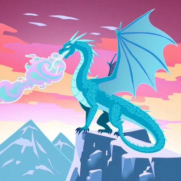 A majestic ice dragon with shimmering, crystalline scales. Its large wings are spread wide, displaying intricate patterns that catch the light of the setting sun. The dragon's long, elegant neck is arched, and its sharp, icy blue eyes are focused ahead. It is breathing a swirling cloud of icy mist that contrasts vividly with the fiery reds, oranges, and yellows of the sunset sky. Below, jagged mountain peaks are dusted with snow, glistening in the last rays of sunlight, while the mist from the dragon creates a dynamic interaction between the cold and the warmth of the sky.