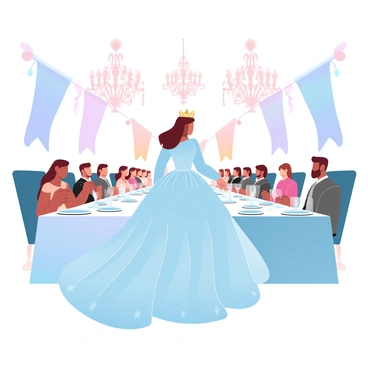 A majestic queen is dressed in an elaborate flounce gown that cascades elegantly around her. The gown features intricate patterns and luxurious fabrics that shimmer subtly under the warm light of the banquet hall. She stands at a large, ornate table set for a royal feast, which is filled with an array of finely crafted dishes and elegant glassware. Behind her, large, decorated banners hang from the walls, and opulent chandeliers illuminate the scene, casting a soft glow across the room. Guests in formal attire are seated at the table, enjoying the lavish banquet. A sense of grandeur and refinement fills the atmosphere.