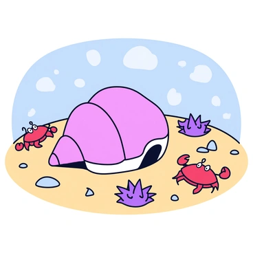 A conch shell with a smooth, pink surface is positioned in the center of the image. Surrounding the shell are several sea creatures, including two small crabs with red shells and beady eyes, and three spiky sea urchins with purple hues. The ocean floor is a sandy texture, with scattered pebbles and bits of seaweed enhancing the underwater scene. Sunlight filters down from above, creating a soft illumination around the conch shell and its companions.