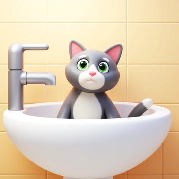 A curious cat sitting in a bathroom sink. The cat has a fluffy coat with a mix of gray and white colors. Its bright green eyes are wide open, gazing upwards with an inquisitive expression. The bathroom sink is white and porcelain, with a silver faucet. Light reflects off the smooth surface of the sink, creating a clean and polished appearance. The surrounding bathroom tiles are a soft cream color, adding warmth to the scene.