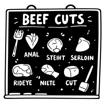 A chalkboard displaying the words "Beef Cuts" prominently at the top. Below, various beef cuts such as "Ribeye," "Sirloin," and "Tenderloin" are labeled clearly in bold lettering. Each cut is accompanied by simple illustrations depicting the shape and texture of the meat. The chalkboard has a textured border, and there are chalk marks scattered around for an authentic feel. Small decorative elements like butcher tools are subtly integrated into the design.