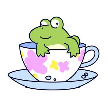 A small green frog with smooth skin is peeking out from inside a delicate china tea cup. The tea cup is adorned with intricate floral patterns in soft pastel colors. The cup is placed on a matching saucer, and there are small droplets of water on the edge of the cup, highlighting the frog’s curiosity. The background is a simple, solid color that emphasizes the frog and the tea cup.