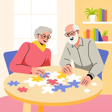 An elderly couple sitting at a round wooden table indoors, focused on assembling a large jigsaw puzzle. The woman has short gray hair and wears reading glasses, while the man has a full white beard and a warm smile. Colorful puzzle pieces are scattered across the table, with several pieces already connected. Sunlight filters through a nearby window, casting a soft glow on the scene. A cozy bookshelf filled with books and a couple of plants are visible in the background, adding warmth to the atmosphere.