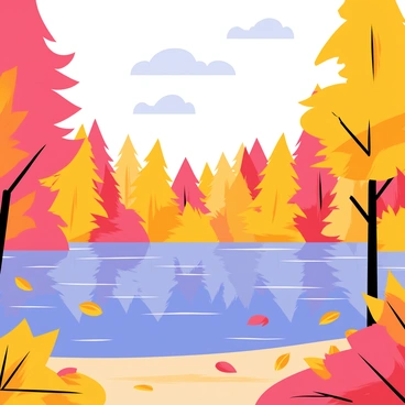 A serene lake surrounded by a dense forest. The lake has clear, reflective water, showcasing the vibrant autumn colors of the trees. The trees display bright red, orange, and yellow leaves, creating a stunning contrast against the deep blue of the sky. Fluffy white clouds float above, and a few fallen leaves rest on the surface of the water. The ground is carpeted with multi-colored leaves, and the air is filled with the warm glow of autumn sunlight.