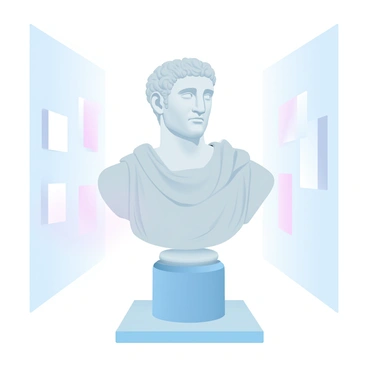 A marble bust of Seneca is placed on a pedestal in the center of an art gallery. The bust features intricate detailing that highlights the philosopher's distinctive hair and draped garments. Soft, gradient pastel colors create a gentle ambiance in the gallery, illuminating the marble with delicate light. Surrounding the bust are minimalist art pieces hanging on the walls, enhancing the focus on the sculpture. The floor is polished and reflects the subtle hues of the space, contributing to the overall serene environment.