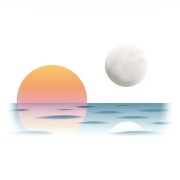 A vibrant sun, partially hidden on the left side of the image, casts warm orange and pink hues across the sky. On the opposite side, a luminous moon rises, glowing softly with silver and white shades. The calm sea reflects these colors, with gentle waves creating a smooth surface. The water mirrors both the sun's sunset and the moon's ascent, creating a stunning juxtaposition of day and night in the tranquil scene.