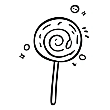 A whimsical lollipop on a stick, shaped like a large rhubarb. The lollipop has a swirl design and intricate patterns that resemble its natural texture. The stick is sleek and smooth, supporting the lollipop in an upright position. Additional playful elements like small stars and circles surround the lollipop, giving it a lively, fun atmosphere.