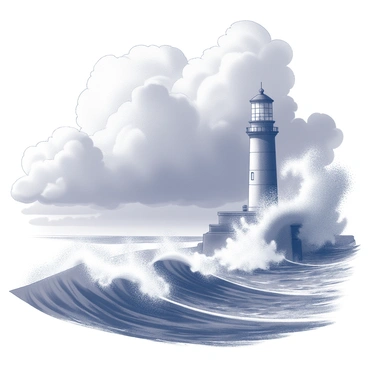 A dramatic scene of a fierce sea storm unfolding. Towering waves, frothy at the crests, crash violently against the sturdy structure of a lighthouse. The lighthouse stands tall, its silhouette strong and unwavering against the tumultuous backdrop of dark clouds swirling above. Water sprays upwards from the impact, creating a mist that surrounds the base of the lighthouse. The scene captures the intensity of the storm, highlighting the resilience of the lighthouse as it withstands the relentless assault of nature.