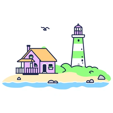 A quaint cottage beside a lighthouse on a quiet seashore