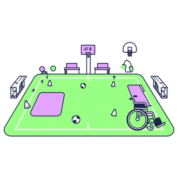 A sports field is laid out with various types of equipment designed for inclusive participation. In one corner, there is a set of brightly colored cones marking different activity zones. Nearby, a sturdy wheelchair basketball hoop is positioned next to a standard basketball hoop. A few mats are placed on the ground, providing a safe area for exercises and stretching. Various balls, including soccer and basketballs, are scattered across the field. Around the edges, benches provide seating for spectators and participants to rest. In the background, a scoreboard is mounted on a wall, displaying the scores of ongoing games.