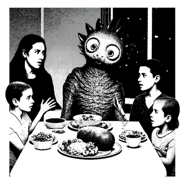 An unusual creature is sitting at a family's dinner table. The creature has a round body covered in small, textured scales. Its large eyes are wide and curious, observing the family members around. It has an elongated neck and a small mouth that is slightly open, as if it is about to speak. The table is adorned with various dishes, including a roast, vegetables, and a bowl of salad. The family members, consisting of two adults and two children, are looking at the creature with expressions of surprise and intrigue. The setting includes a cozy dining room with warm lighting and a window showing the night sky.