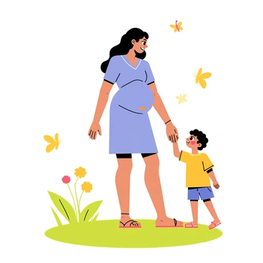 A pregnant woman with long, flowing hair stands in a sunny park, wearing a light blue dress that accentuates her baby bump. She is holding hands with a small child, who has curly hair and a brightly colored t-shirt. The child looks up at her with wide, affectionate eyes, while the woman gazes down lovingly. Around them, green grass and blooming flowers add to the warm atmosphere, and a few butterflies flutter nearby, enhancing the tender moment they share.