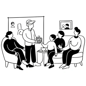 A grandparent with a weathered appearance stands beside a young grandchild in a cozy living room, surrounded by family members engaged in conversation. The grandparent is holding out a small, ornate box that has intricate designs on its surface, symbolizing the family heirloom. The grandchild reaches out with both hands to receive the box, displaying a sense of wonder and curiosity. In the background, there are photographs on the wall capturing family memories, and a table adorned with food and drinks for the gathering.