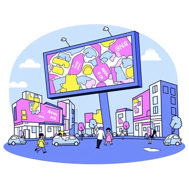 A large virtual reality billboard towering over a vibrant urban setting. The billboard features a series of colorful advertisements that are animated and eye-catching. Each advertisement showcases various products, with bright graphics and bold text. The surroundings include busy streets filled with people and modern buildings. Soft lighting enhances the scene, highlighting the dynamic colors of the ads.