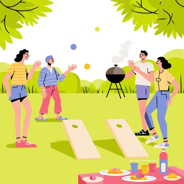 A family is gathered in a lush green backyard. They are playing cornhole, with colorful bean bags flying through the air toward two wooden boards with holes in them. The scene captures a warm summer barbecue atmosphere, with a grill in the background emitting smoke and sizzling food. The family members are smiling and cheering, wearing casual summer clothing. Sunlight filters through the leaves of nearby trees, casting playful shadows on the grass. A picnic table is set up with plates of food, drinks, and condiments ready for serving.