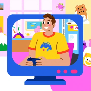 A virtual contestant appears on a brightly lit screen during a remote game show. The contestant has a cheerful expression and is wearing a colorful t-shirt with a fun graphic design. Their hair is styled neatly, and they are holding a game controller in one hand. The background of the screen features vibrant game show graphics, including colorful logos and animated elements. The contestant is seated in a cozy room filled with game-themed decorations, such as posters and plush toys.