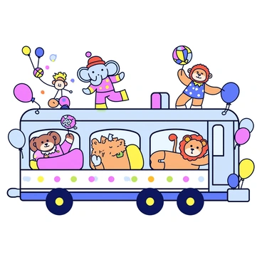 A cartoon train car decorated with colorful patterns and festive designs. Inside the train car, a playful elephant wearing a bright red hat is balancing on a small ball. A juggling clown in a polka-dotted outfit is tossing colorful balls into the air. A playful monkey is hanging from the ceiling, swinging by its tail and wearing a tiny vest. A lion wearing a sparkly collar is lounging comfortably on a plush cushion. The background of the train car features vibrant streamers and balloons, enhancing the festive atmosphere.