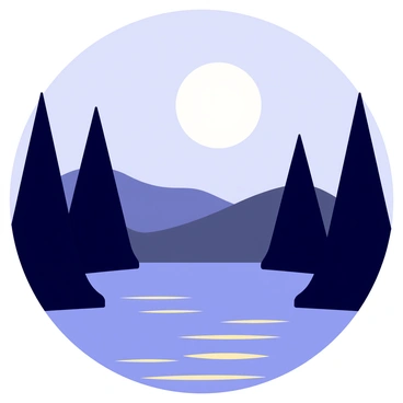 A full moon with a bright, luminous surface hangs in the night sky. The moonlight casts a soft glow over a quiet landscape. In the foreground, there is a calm lake reflecting the light of the moon, with gentle ripples on the water's surface. Surrounding the lake are tall pine trees silhouetted against the night, their branches slightly swaying in a light breeze. In the background, rolling hills create a gentle silhouette, completing the tranquil scene.