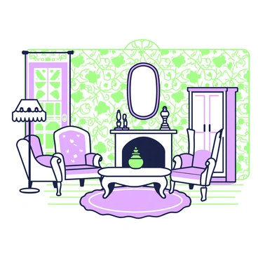 A cozy old-fashioned parlor adorned with intricate patterned wallpaper featuring floral designs. In the center, there is a vintage wooden coffee table with ornate carvings, surrounded by two upholstered armchairs that have a floral print. Against one wall, a large wooden cabinet displays a collection of fine china. A plush rug with a geometric pattern lies on the wooden floor beneath the table. A tall floor lamp with a fringed shade stands in a corner, providing warm light to the room. An elegant mirror with a vintage frame hangs above the mantel, reflecting the room's charming atmosphere.