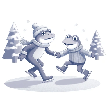 A frog and a toad are ice skating on a frozen pond. The frog is wearing a knitted scarf and a small winter hat, while the toad is dressed in a cozy sweater and mittens. They both display joyful expressions as they glide across the ice, leaving delicate traces behind them. The pond is surrounded by snow-covered trees and gently falling snowflakes, adding to the winter atmosphere. The scene captures the harmony of their movements, highlighting the playful nature of their activity.