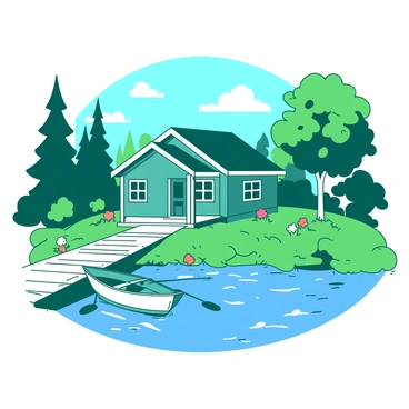 A teal charming bungalow has a sloping roof with white trim and a welcoming porch. The bungalow is surrounded by lush green grass and tall trees that gently sway in the breeze. In front of the bungalow, a wooden dock extends into a tranquil lake, with the water reflecting the blue sky above. A rowboat is tied to the dock, and there are colorful flowers planted along its edges. The scene captures the peacefulness of the lake and the inviting nature of the bungalow.