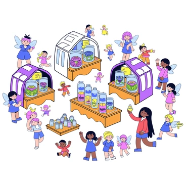 A bustling fairy marketplace filled with small tents and colorful stalls. Each stall displays a variety of magical herbs in glass jars labeled with names like "Moonflower" and "Starlight Essence." There are vibrant potions in different shapes of bottles, glowing softly with colors like green, blue, and purple. Enchanted trinkets, such as shimmering necklaces and sparkling rings, hang from strings or rest on wooden counters. Fairies of various sizes flit around, some examining items while others engage in lively conversation. The scene is lively with a sense of wonder and enchantment.