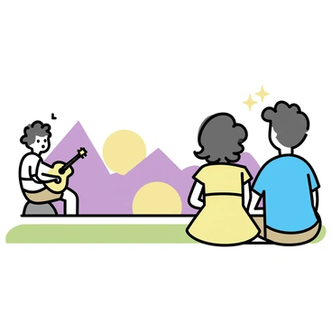 A couple sitting on a grassy hilltop, side by side. The man has short brown hair and is wearing a blue shirt and khaki shorts. The woman has long wavy hair and is wearing a light yellow dress. They are both facing a musician who is playing a guitar. The musician, with curly hair and a white t-shirt, is seated on a rock. In the background, the sky is painted with hues of orange and purple as the sun sets behind distant mountains. The couple appears relaxed, enjoying the music in the warm evening light.