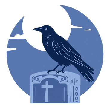 A black crow is perched on a gray gravestone with intricate carvings. The gravestone is slightly weathered, showing signs of age, while the crow stands alert with its feathers glistening under the light. In the background, a large full moon glows softly, illuminating the night sky. The moon casts a faint, silvery light that creates shadows around the gravestone and the crow. You can see wispy clouds drifting across the moon, enhancing the nocturnal atmosphere.