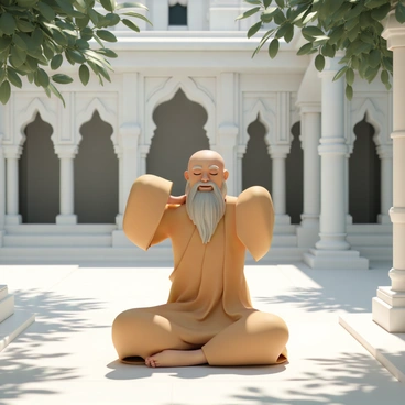 An ancient monk, with a long flowing robe in earthy tones, is performing shoulder rolls as part of a meditation practice. His long gray beard flows gently as he moves. He is situated in a serene temple courtyard, surrounded by intricately carved stone pillars and lush greenery. Sunlight filters through the leaves, casting soft shadows on the ground. The monk's eyes are closed, and a look of deep focus is present on his face, illustrating his connection to the practice.