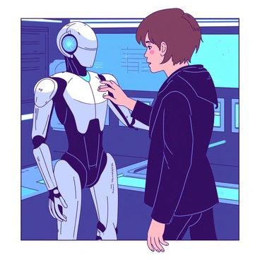 A person with short brown hair is cautiously reaching out to touch a sleek, silver futuristic robot with glowing blue accents. The robot is standing upright, with articulated limbs and a smooth, shiny surface. The room is filled with various high-tech gadgets, illuminated screens displaying digital interfaces, and ambient lighting that creates a modern atmosphere. The person is wearing a fitted black jacket and appears attentive, with a look of curiosity on their face as they engage with the robot. The robot's eyes are glowing softly, creating a contrast with the overall color scheme of the room.