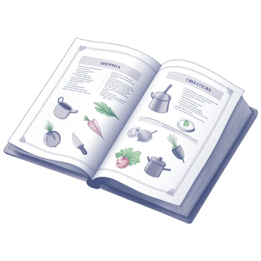 A cookbook page featuring a carefully arranged layout of illustrated recipes. The page is divided into sections, each containing a recipe title surrounded by hand-drawn illustrations of corresponding ingredients. There are drawings of fresh vegetables such as tomatoes, carrots, and herbs, alongside utensils like pots and knives. Each recipe is numbered, with clear steps listed in an easy-to-read font. The overall composition is balanced, with visual elements harmonizing to guide the viewer's eye across the page.