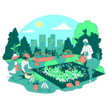 A teal community garden is bustling with activity in the middle of a city. People of all ages are engaged in planting flowers and vegetables. In one corner, a group of children wearing colorful hats is digging in the soil, while an elderly couple is tending to a row of bright green plants. Nearby, a young woman is watering her garden plot with a large orange watering can. Different patches of vibrant plants are arranged throughout the garden, creating a lively and inviting atmosphere. Wooden planters filled with blooming flowers add pops of color against the city backdrop. The sun is shining brightly overhead, illuminating the scene.