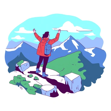 A hiker wearing a red jacket and blue hiking boots is standing triumphantly at the summit of a mountain. The hiker has a backpack slung over one shoulder, and their arms are raised slightly as they take in the expansive view. Surrounding the hiker are rocky outcrops and patches of green grass. In the distance, multiple peaks are visible, some dusted with white snow. The sky above is clear with a few fluffy clouds, providing a stunning backdrop to the scene.