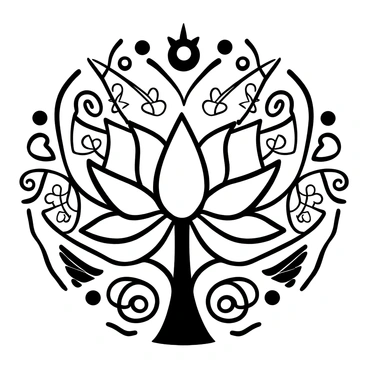 A large lotus flower is positioned at the center of the image, with its petals fully open. Surrounding the lotus, there are multiple layers of intricate patterns and geometric shapes radiating outward. Each layer features detailed lines and curves, creating a sense of symmetry and balance. The overall composition consists of spirals, circles, and floral motifs, all meticulously arranged to enhance the central lotus flower. The design conveys a sense of harmony through its repetitive patterns and intricate detailing.