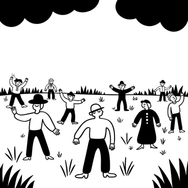 A wide view of an abandoned field with multiple scarecrows standing in various poses throughout the landscape. Each scarecrow is uniquely designed, with tattered clothing and straw sticking out from various parts. The field is overgrown with tall grass and scattered weeds, creating an untamed appearance. Above, a sky filled with ominous clouds looms, with dark, swirling shapes that suggest an approaching storm. The light is dim, casting shadows across the field and highlighting the textured surfaces of the scarecrows and the surrounding vegetation.