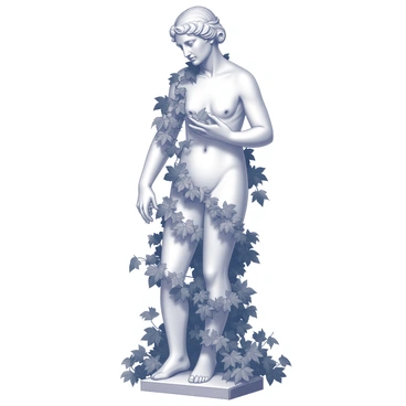 A marble statue of an elegant figure stands partially obscured by dense climbing ivy. The statue features intricate details in its design, showcasing smooth lines and delicate facial expressions. The ivy wraps around the base and intertwines with the limbs of the statue, enhancing the sense of nature reclaiming the art. Leaves cascade down, creating a soft frame around the figure, which is positioned on a stone pedestal. The surrounding environment is filled with more leafy greenery, emphasizing the contrast between the smooth marble and the organic texture of the ivy.