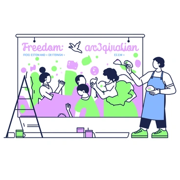 An artist is standing in front of a large public wall, actively painting a mural. The artist, wearing a blue apron, has a paintbrush in one hand and a palette in the other. The mural features vibrant imagery that symbolizes "freedom" and "expression." Birds are soaring across the top of the mural, while a diverse group of people are depicted below, engaged in various forms of art like dancing, playing instruments, and painting. Colorful shapes and patterns fill the background, enhancing the theme of creativity. A ladder leans against the wall, and paint cans are scattered around the ground, completing the scene.
