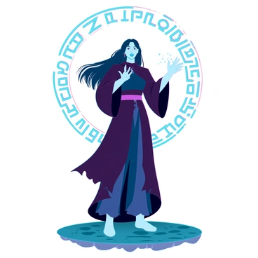 A witch with long, flowing dark hair stands intensely focused within a circle of glowing runes. She is wearing a long, tattered black cloak that billows around her as if caught in a gentle breeze. Her hands are raised, and her fingertips emit sparkles of light as she casts a spell. The runes surrounding her pulse with a bright blue light, illuminating her determined expression. Shadows flicker around her, hinting at a mystical atmosphere. The ground is textured with ancient stones, enhancing the scene's magical essence.